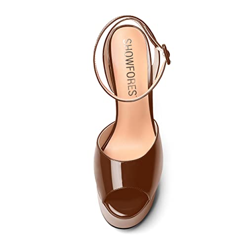 Showforest Women's Ankle Strap Peep Toe Patent 6 Inch Party High Heel Platform Buckle Block Sexy Pumps Shoes Brown Size 7.5 - Zapatos De Mujer Tacon Alto #TOP2