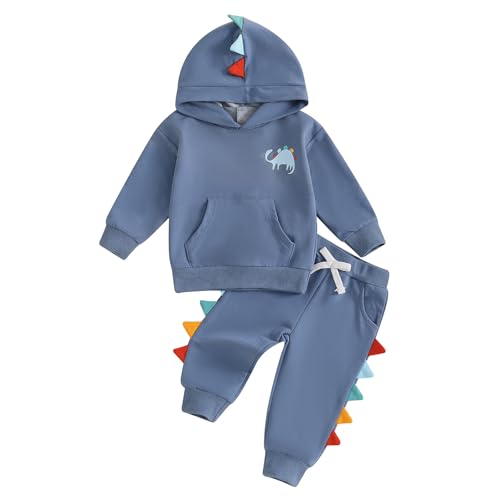 Loalirando - Conjunto de dinosaurio para niño de 2 piezas, sudadera de manga larga con capucha y pantalón elástico (12 meses a 5 años), azul, 3-4 Años