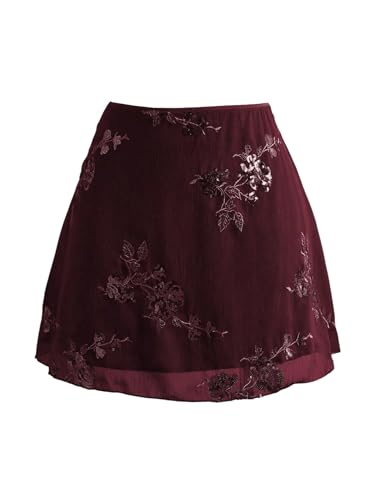 SweatyRocks Women's Plus Size Sequin Skirts Floral Embroidery Mesh Y2K A Line Mini Skirt