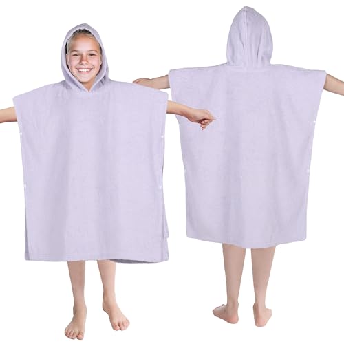 Image of Superior Kids Cotton Terry Poncho, Soft, Absorbent Bath Towel with Hood, Bathroom Accessories, Long, Plush Bathrobes for Bath, Shower, Spa, Resort, Hotel, Beach, Pool, Boy, Girl, Large Size, Lilac