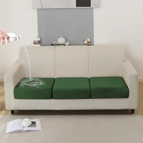 Image of HOKIPO 100% Waterproof Elastic Individual Seat Cushion Cover, 3-Piece Sofa Cushion Cover, Green (NEW-AR-5352-GRN*3)
