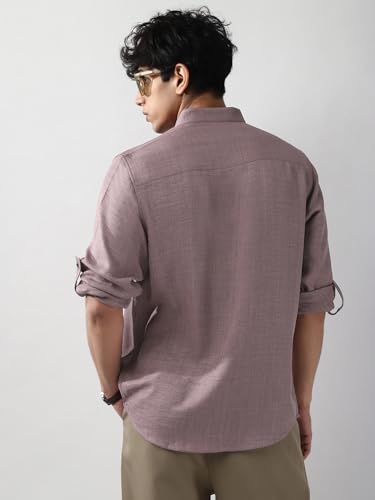 Image of Urbano Fashion Men's Linen Blend Full Sleeve Relaxed Fit Mandarin Collar Casual Solid Shirt