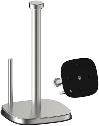 Paper Towel Holder Countertop, Standing Paper Towel Roll Holder for Kitchen Bathroom Organize, Stand with Weighted Base Suction Cups, Stainless Steel One-Handed Operation (Brushed Nickel)