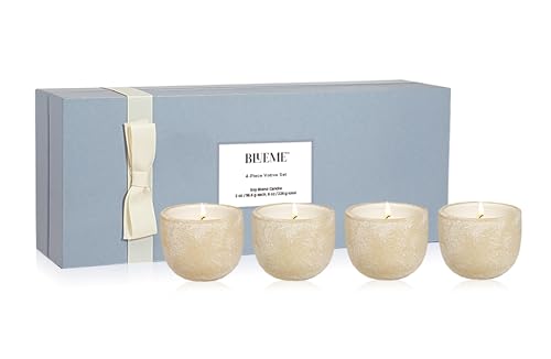 BLUEME Balance White Lotus Tea Focus Eucalyptus Lime Nostalgia Bergamot Musk Calm Osmanthus Sandalwood 4pk Wellness Travel Candle Votive Sustainable Contains Essential Oil Soy Wax Blend