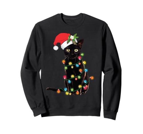 Black Cat Santa Tangled Up In Christmas Lights Sweatshirt