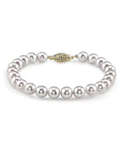 The Pearl Source 14K Gold 6-6.5mm Round White Japanese Akoya Saltwater Cultured Pearl Bracelet for Women