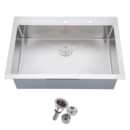 Friho 28 Inch Drop in Kitchen Sink, 28x18 Topmount Commercial Handmade 16 Gauge Single Bowl Stainless Steel Sink with Basket Strainer