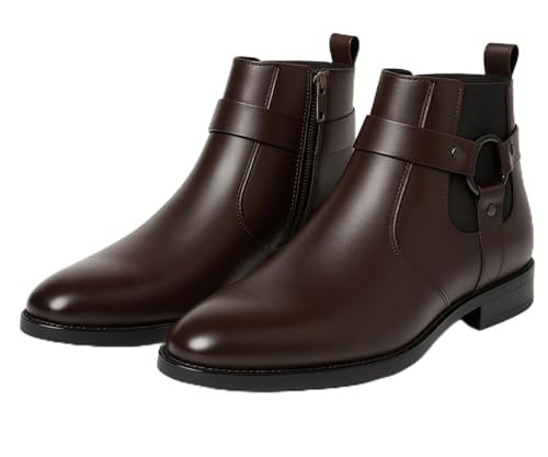 Image of Kraasa The Harness - Men's Stylish Vegan Leather Chelsea Boots with Side Zipper & O-Ring Strap Elastic Panel Ankle Boot (Tan /Black /Brown)