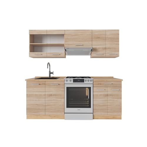 Vicco Küchenzeile R-Line, Sonoma/Goldkraft Eiche, 200 cm, AP Eiche, geeignet zur individuellen Erweiterung durch Zusatzmodule