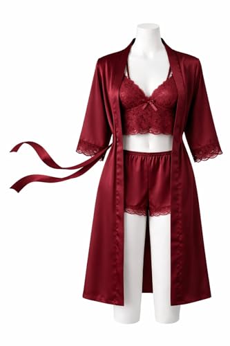 Image of Women's Satin 3-Piece Lingerie Set, Lace Cami, Shorts and Robe, Burgundy