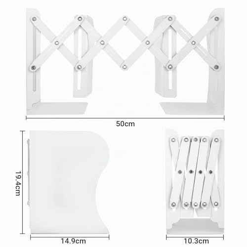 Serre-Livres en Métal Kievano, Extensible et Réglable 10–50 cm, Support de Livres à 3 Niveaux, Antidérapant et Antirouille, Porte-Livres Blanc pour Bureau et Maison – vue 2
