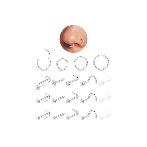 Silver Nose Rings Studs Hoops for Women Men: 18G 316L Surgical Stainless Steel Nose Rings Hypoallergenic Dainty CZ L Shaped Corkscrew Straight Push Back Nostril Nose Piercing Jewelry