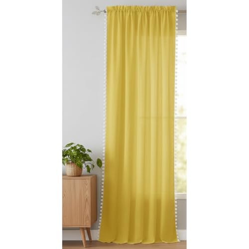 Image of HOMEMONDE Sheer 10 Feet Curtains with Decorative Side Border Pompom Curtain for Long Door, Linen Textured Light Filtering, Rod Pocket, 1 Piece - (304 CM, Mustard)