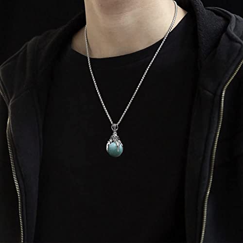 Bahamut Dragon Claw Natural Amazonite Gemstone Healing Crystal Ball Stone Sterling Silver Pendant Necklace For Men Woman,Goth Punk Jewelry Chain #TOP6