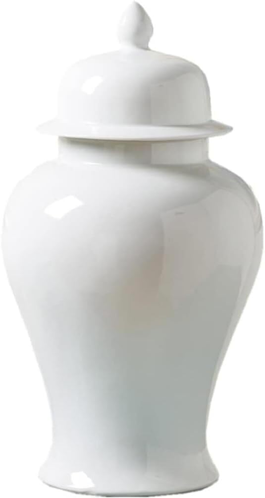 ELEFOCUS White Ceramic Ginger Jar with Lid, Hand-Painted Porcelain Temple Jar for Decorative Home Storage(21.5 * 40cm)