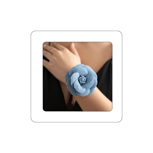 Vintage Blue Denim Flower Choker Necklace Floral Bracelet Artificial Flower Collar Necklace Wrist Band Elegant Women's Accessories (5.5 inch)