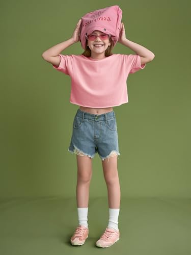Image of Girls Athletic Oversized Crop Tops Kids Drop Shoulder Short Sleeve T Shirts Workout Tees 5-14 Years