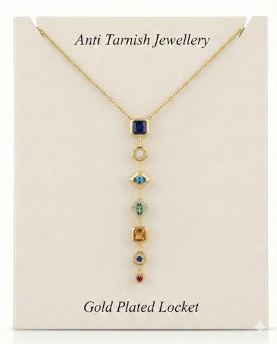 Image of Anti Tarnish Pendant Necklace for Women | 7 Stone Multi-Color Elegant Multiple Stone Chain for Women | Luxury Gold Plated Locket
