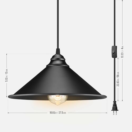 Image of Big Black Plug in Pendant Light, Industrial Hanging Light with Plug in Cord