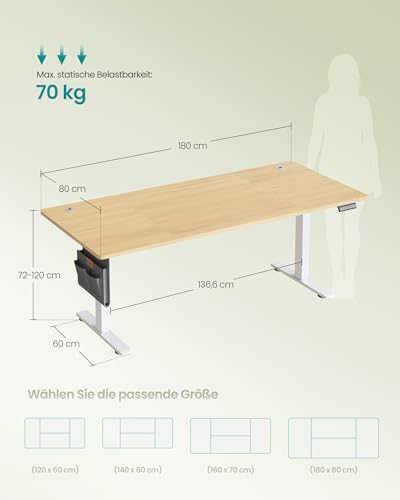 SONGMICS Höhenverstellbarer Schreibtisch elektrisch, 180 x 80 cm, Memory-Funktion mit 4 Höhen, USB-C-Anschluss, goldeichenfarben LSD138YA01