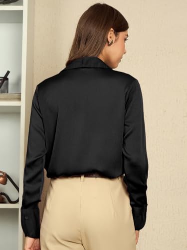 Image of Aahwan Women Satin Regular Fit Black Solid Button Up Drop Shoulder Officewear Casual Formal Long Sleeve Shirt