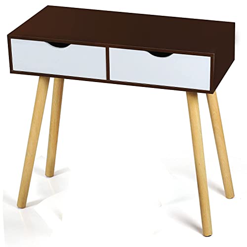 Image of Shoppee Engineered Wood Desk with 2 Drawers for, Computer Desk with Storage Shelves, Makeup Vanity Desk, Modern Writing Study Table Home Office Desks for Bedroom (Brown White)