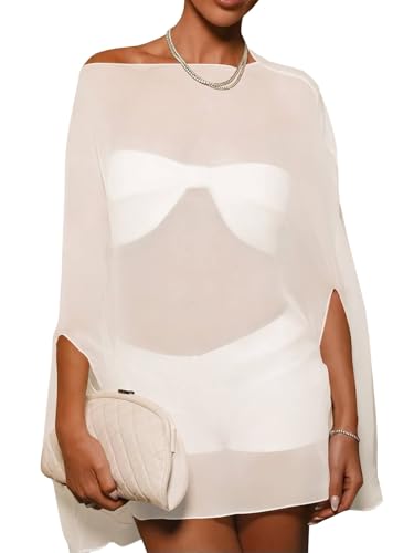Yousify Cover Ups Off Shoulder Swimwear Summer See Through Beachwear Coverup Batwing Poncho Shawl Shrug Chiffon Top 2026 White