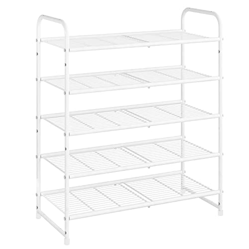 Simple Trending 5-Tier Stackable Shoe Rack, Expandable & Adjustable Shoe Organizer Storage Shelf, Wire Grid, White