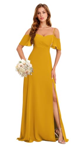 Image of Off The Shoulder Bridesmaid Dresses for Women Split Long Chiffon Formal Evening Dresses HGR93