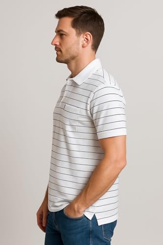 Image of WILD ELEPHANT Men Striped Polo T-Shirt | Cotton Short Sleeve Polo Neck with Button | Chest Pocket Casual Wear