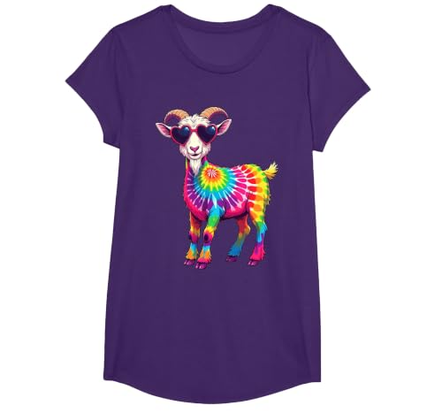 Tie Dye Goat Colorful Hippie Goat Rainbow T-Shirt, Girls, Purple, Small