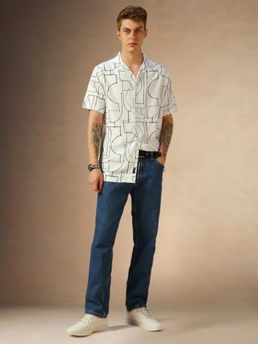 Image of Dennis Lingo Men Blue Printed Viscose Relaxed Fit Half Sleeve Shirts