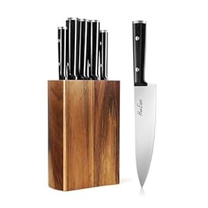 Knife Set,6-Piece Kitchen Knife for Home Use, Sharp Knife Set with Natural Acacia Wood Knife Block, Germen Steel Wood Handle Kitchen Knife Block Set, Ergonomical Design ((Ink-black))