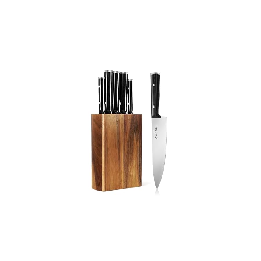 Knife Set,6-Piece Kitchen Knife for Home Use, Sharp Knife Set with Natural Acacia Wood Knife Block, Germen Steel Wood Handle Kitchen Knife Block Set, Ergonomical Design ((Ink-black))