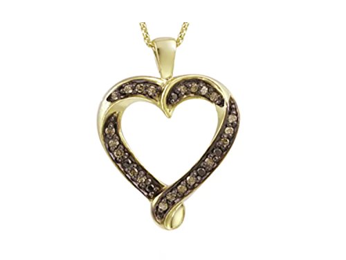 18K Yellow Gold Silver Brown Diamond Loving You Forever Heart Pendant Fine Necklace 1/3Ctw.