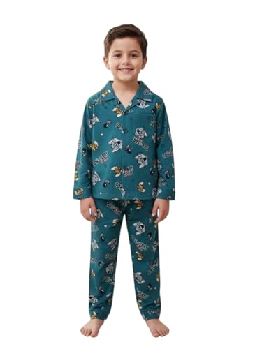 Image of TONY & JONY Summer Casual Wear Self Design Cartoons Printed Full Sleeve 100% Pure Cotton Kid's Top Bottom Set /Night Suit