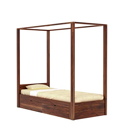 Image of Solid Sheesham Wood Single Size Poster Bed 2 Drawer Storage for Bed Room Living Room Home Wooden Double Bed Palang Solid Wood Bedroom Furniture for Hotel (Honey Finish)