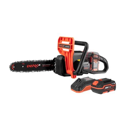 Dnipro-M Motosierra Inalámbrica 20V, Espada 30 cm, Motor sin Escobillas, Tensado sin Herramientas, Lubricación Automática, Potente, Ligera, con 1 Batería 4 Ah y Cargador.DCS-201BC