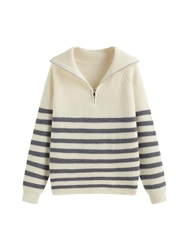 CIDER Women's Striped Quarter Zip Pullover Sweater Mock Neck Knit Fall Fashion Casual Sweater