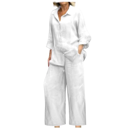Linen Sets for Women 2 Piece White 5XL - Womens Long Sleeve Button Down Shirts Summer Wide Leg Breathable Cotton Linen Pants Set Plus Size Matching Lounge Sets with Pockets Beach Vacation Clothes