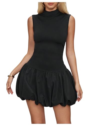 MakeMeChic Girl's Mock Neck Bubble Dress Sleeveless Ruffle Y2K Tank Mini Dresses