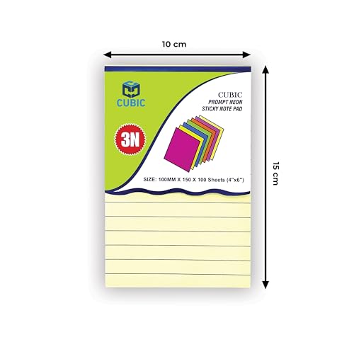 Image of Cubic Sticky Note Pad - 4x6 Inch (100mm x 150mm) - 100 Sheets - Lined Yellow Notepad with 3N Adhesive - Great for Office, School, Home, Reminder Notes & to-Do Lists