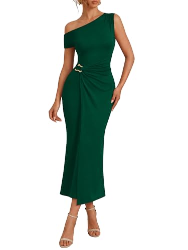 Simplee Womens Summer One Shoulder Maxi Dress 2026 Wedding Guest Elegant Formal Ruched Cocktail Party Long Dresses Green
