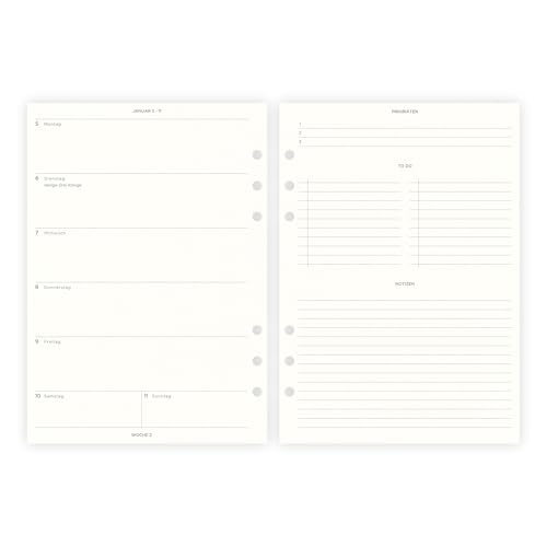 Kalendereinlagen 2026 | 1Woche2Seiten | DIN A5, 120g Naturweiß-Papier | für Ringbuch Organizer | Design Focus