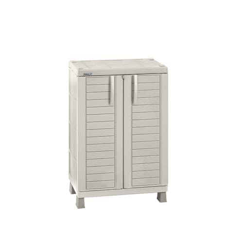 Rimax | Armario Organizador Plástico Apariencia Madera | Mueble Pasillo 2 Estantes Ajustables | Gabinete Resistente Almacenamiento en Interior o Exterior | Ideal para Hogar, Lavadero o Jardín (Beige)