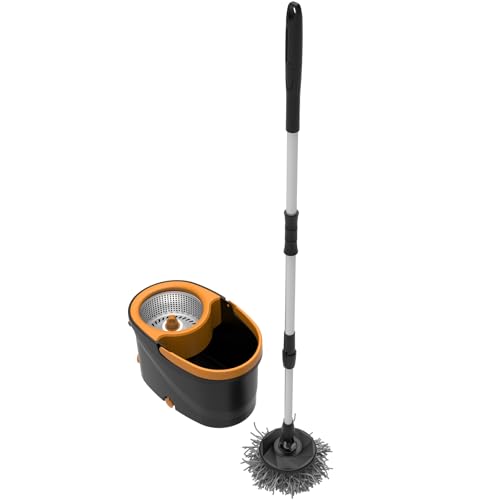 TreeLen Juego de Mopa Giratoria Turbo con Cubo y Escurridor de Pedal, Fregona de Microfibra con Mango Telescópico (75-130 cm), Kit de Limpieza Eficiente para Todo Tipo de Suelos, Eco-Embalaje