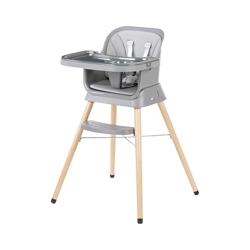 Image of Growgether ORBIT 4-in-1 Baby High Chair with Solid Beechwood Legs | TUV SUD Certified Convertible Wooden Feeding Chair, Booster Seat & Toddler Stool (6-36M) | 5-Point Safety Harness, Dual-Layer PP Tray & Removable PU Cushion | 1 Year Warranty | Grey