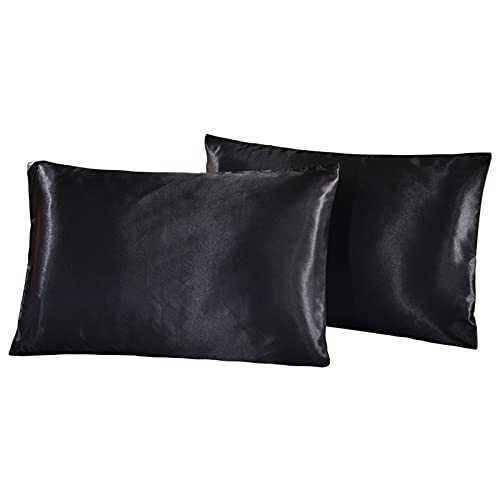 Funda Almohada Seda 2 Unids Luxury Satin Funda de Almohada Silky Silk-Like para el Dormitorio hogar cómodo(Black,51x102cm)