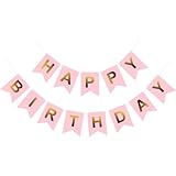 GOSUOA Pre-Strung Pink Happy Birthday Banner, Happy Birthday Bunting Banner with Gold Letters for Kids Adults Birthday Party Supplies