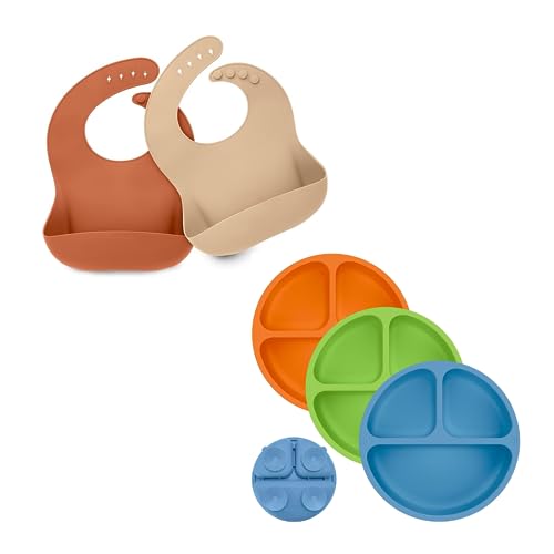 KeaBabies 2-Pack Silicone Bibs For Babies Suction Plates for Baby, Toddler - Silicone Baby Bibs for Eating, 3-Pack 100% Silicone Toddler Plates, Food-Grade Pure Silicone Bib